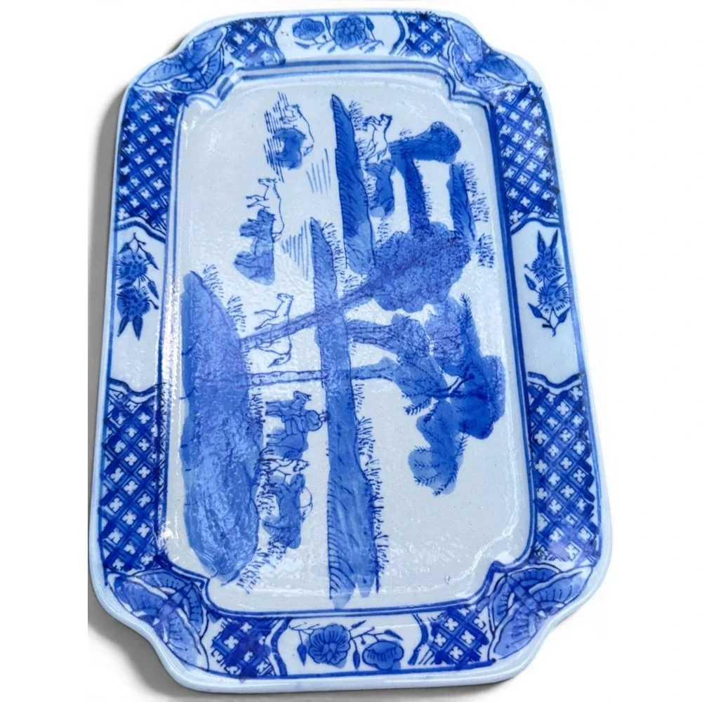 Vintage Blue + White Porcelain Rectangular Platter | Chinoiserie Horse Landscape